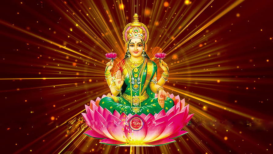 Goddess Lakshmi Seated on Lotus with Radiant Golden Rays and Om Symbol HD wallpaper