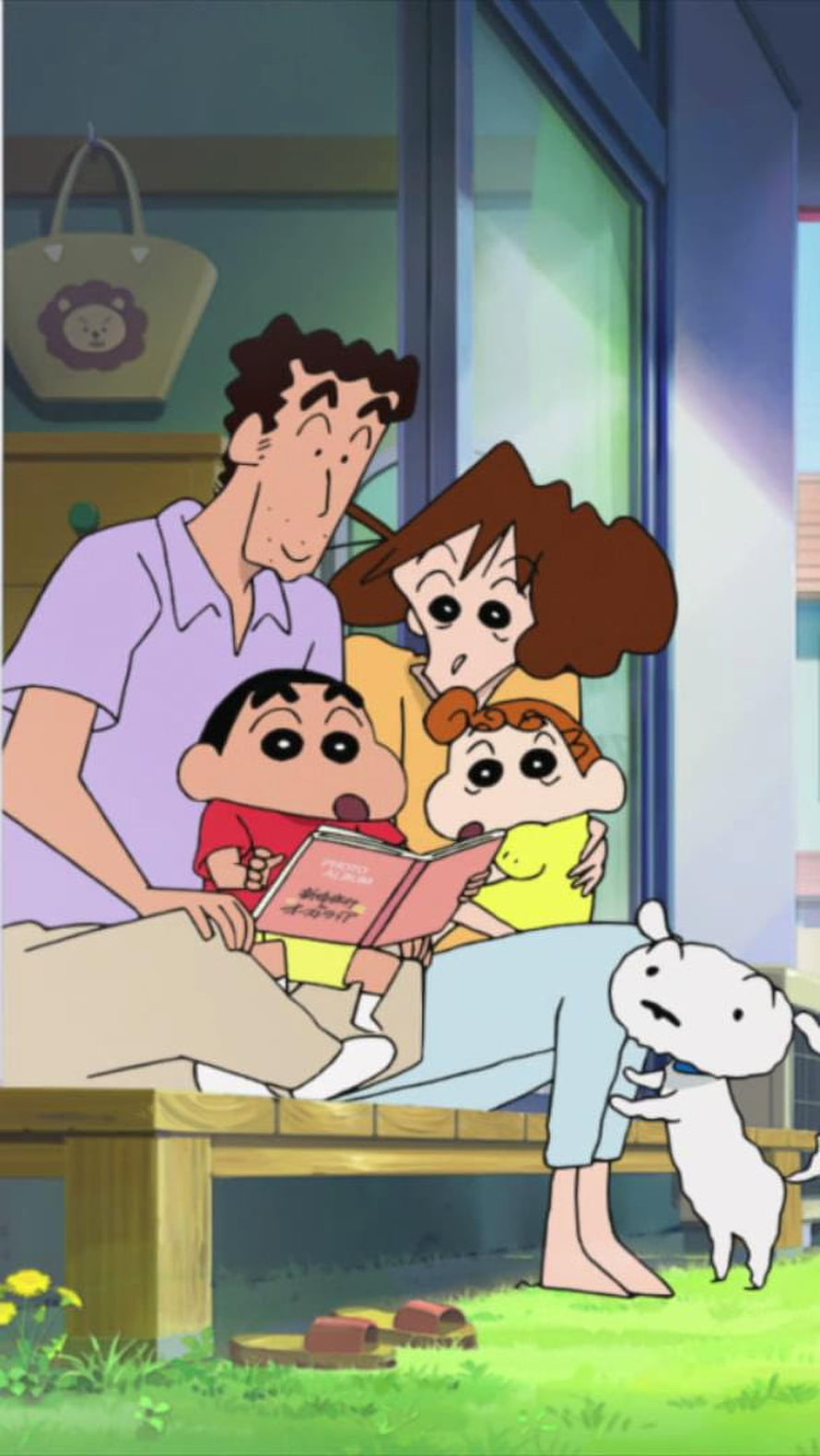 Crayon Shin-chan Nohara Family Reading a Book Together on the Porch with Shiro HD phone wallpaper