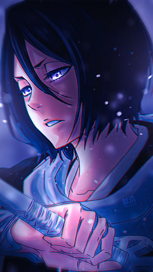 Rukia Kuchiki Anime Portrait with Glowing Blue Eyes and Neon Chromatic Aberration HD phone wallpaper