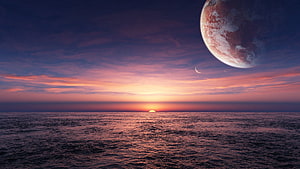 Alien Planet Over Ocean at Sunset with Crescent Moon and Vibrant Sky HD wallpaper