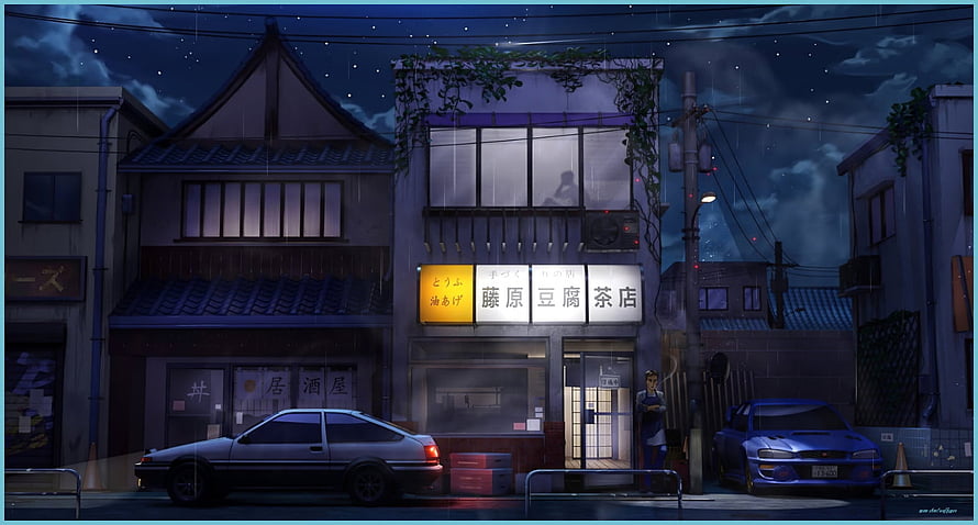 Cozy Anime Night Street with Japanese Shopfronts and Parked Cars HD wallpaper