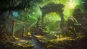 Ancient Jungle Ruins with Stone Archway and Mossy Staircase in Lush Fantasy Forest HD wallpaper