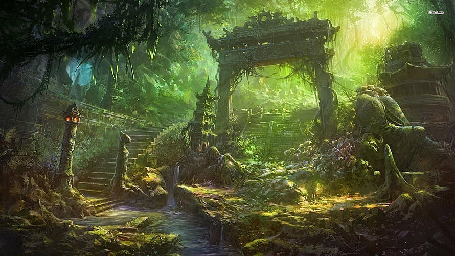 Ancient Jungle Ruins with Stone Archway and Mossy Staircase in Lush Fantasy Forest HD wallpaper