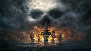 Assassin's Creed Skull and Bones Pirate Fleet Emerging from Burning Storm HD wallpaper