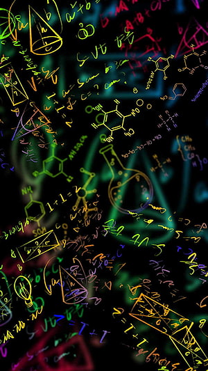 Neon Glowing Chemistry and Mathematics Equations on Black Background HD phone wallpaper
