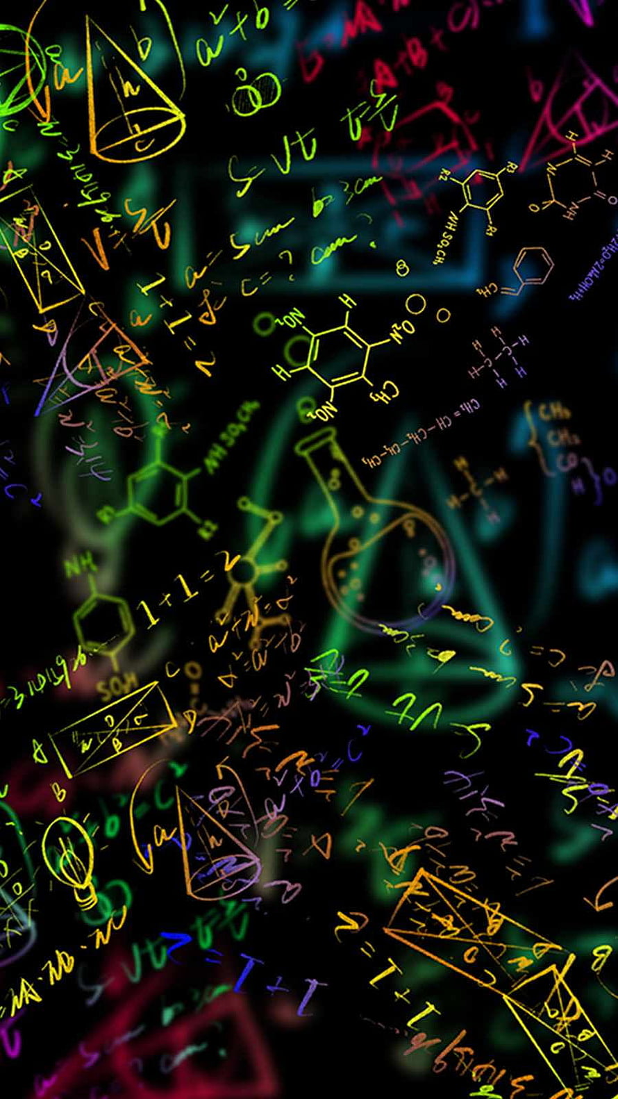 Neon Glowing Chemistry and Mathematics Equations on Black Background HD phone wallpaper