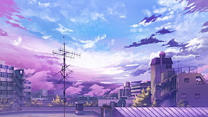 Anime Rooftop Cityscape with Vibrant Purple and Blue Sky HD wallpaper