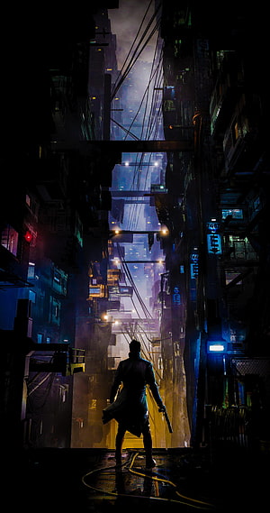 Silhouetted Figure in a Dark, Neon-Lit Cyberpunk Cityscape HD phone wallpaper