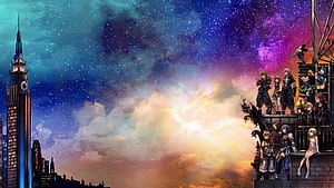 Kingdom Hearts 2 Characters Silhouetted Against a Vibrant Starry Sky and Cityscape HD wallpaper