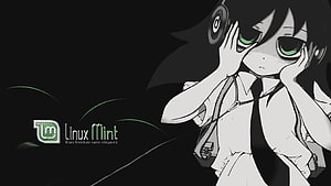Watamote Anime Girl with Headphones on Linux Mint Desktop Wallpaper HD wallpaper