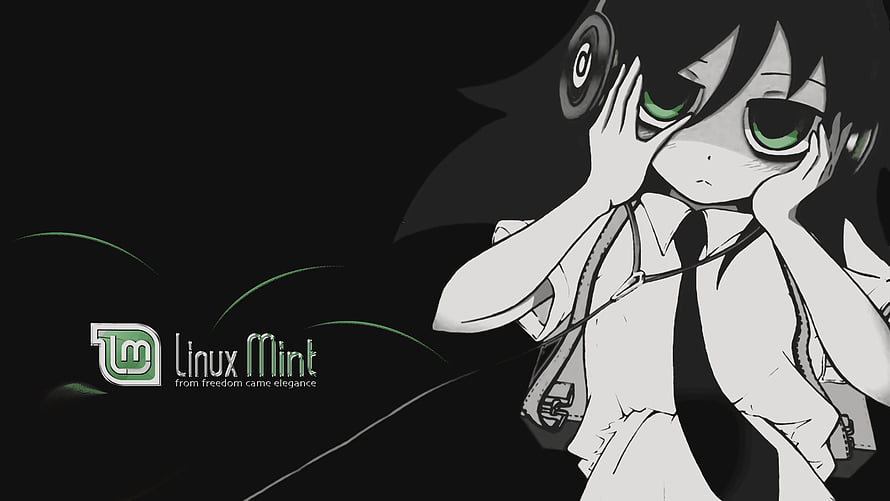 Watamote Anime Girl with Headphones on Linux Mint Desktop Wallpaper HD wallpaper