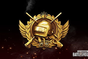 PUBG Mobile Conqueror Emblem with Golden Helmet, Wings, and Crossed Weapons on Dark Background HD wallpaper