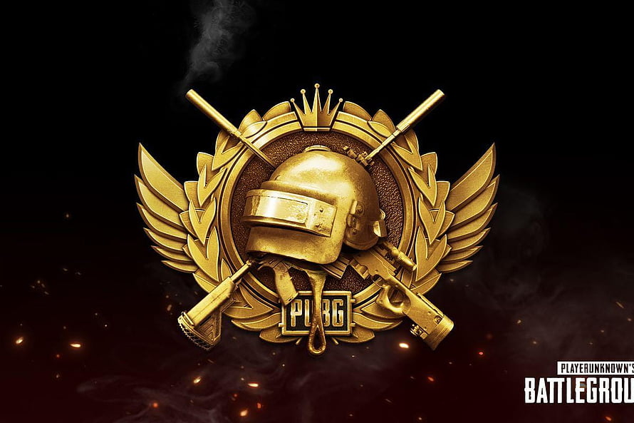 PUBG Mobile Conqueror Emblem with Golden Helmet, Wings, and Crossed Weapons on Dark Background HD wallpaper