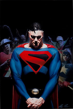 Alex Ross Justice League Painting Featuring Superman and DC Heroes in Dramatic Dark Style HD phone wallpaper