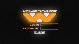 Weyland-Yutani Corp Login Screen with Orange Logo on Dark Background HD wallpaper