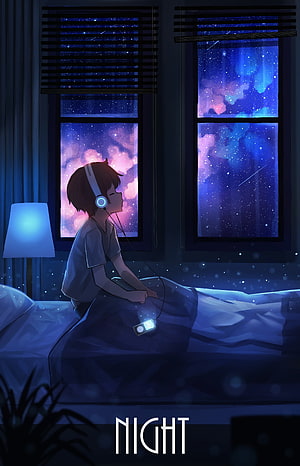 Anime Boy Listening to Music on Bed Under Starry Night Sky HD phone wallpaper