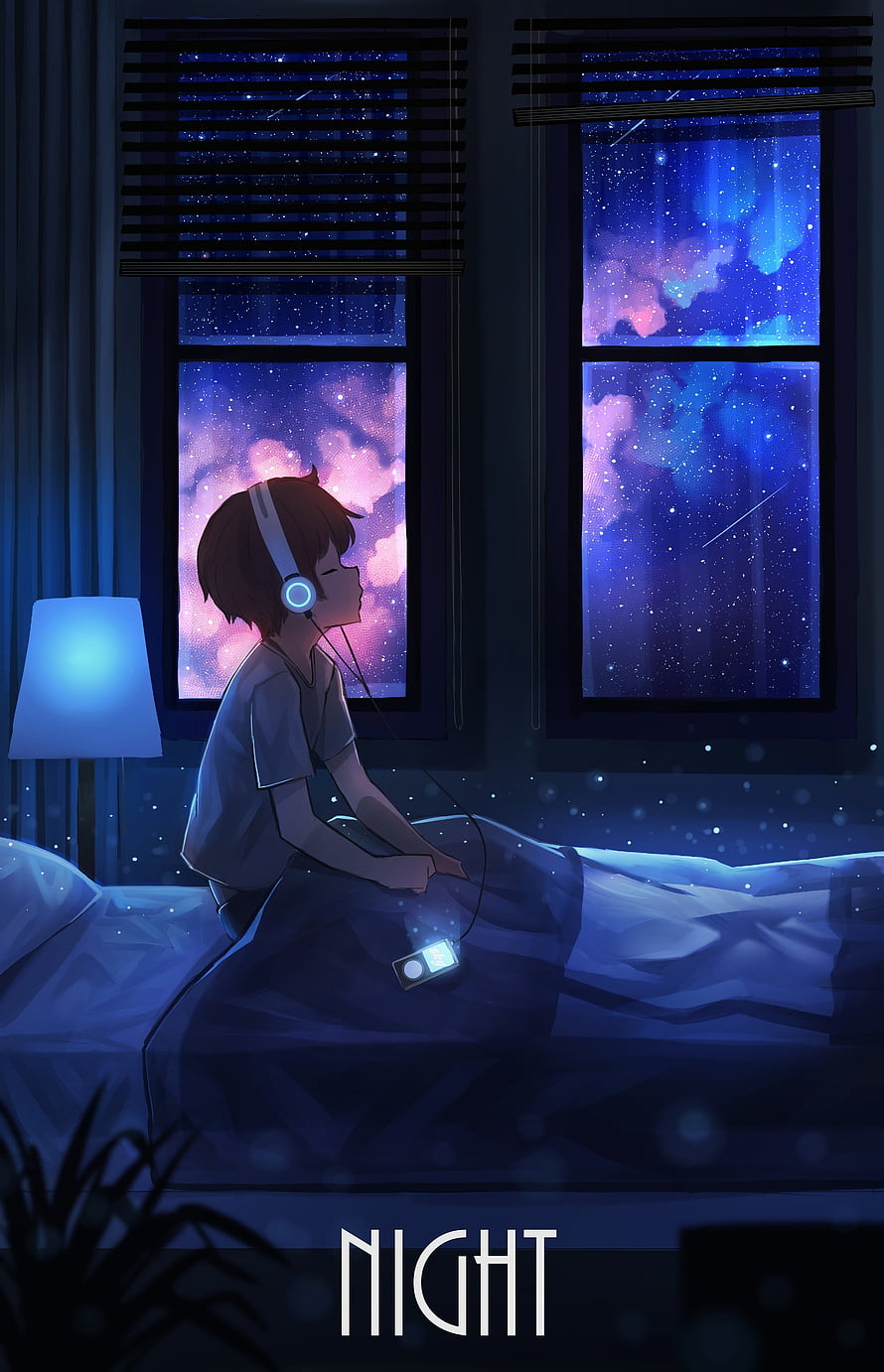 Anime Boy Listening to Music on Bed Under Starry Night Sky HD phone wallpaper