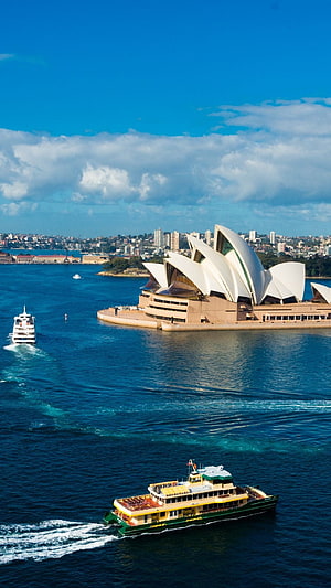 Sydney Opera House and Harbour Bridge View with Ferry Boats on the Water HD phone wallpaper