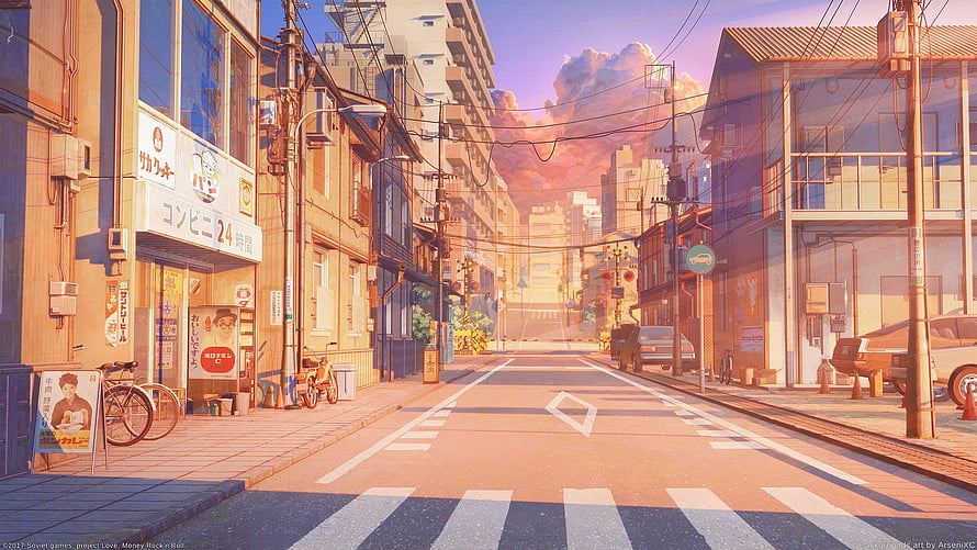 Sunlit Japanese Street Scene in Anime Style with Convenience Store and Crosswalk HD wallpaper