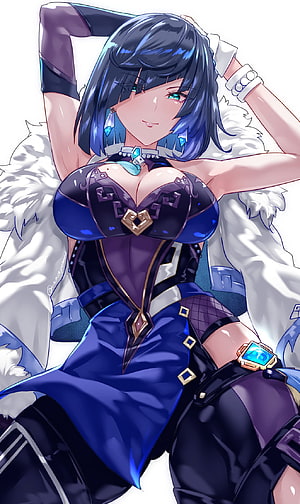 Yelan from Genshin Impact in a blue and purple outfit with white fur accents HD phone wallpaper