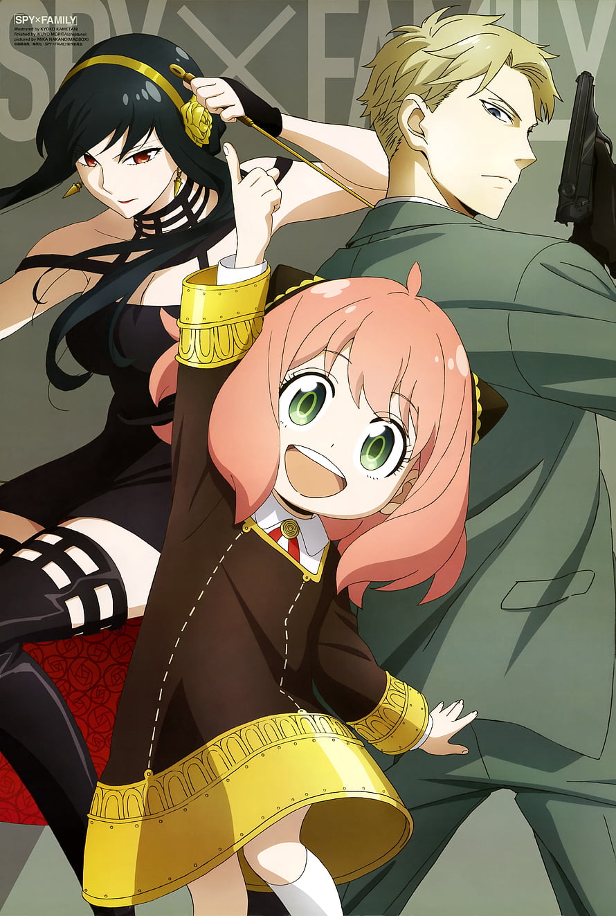 Spy x Family anime trio featuring Anya, Loid, and Yor Forger in a dynamic action pose HD phone wallpaper