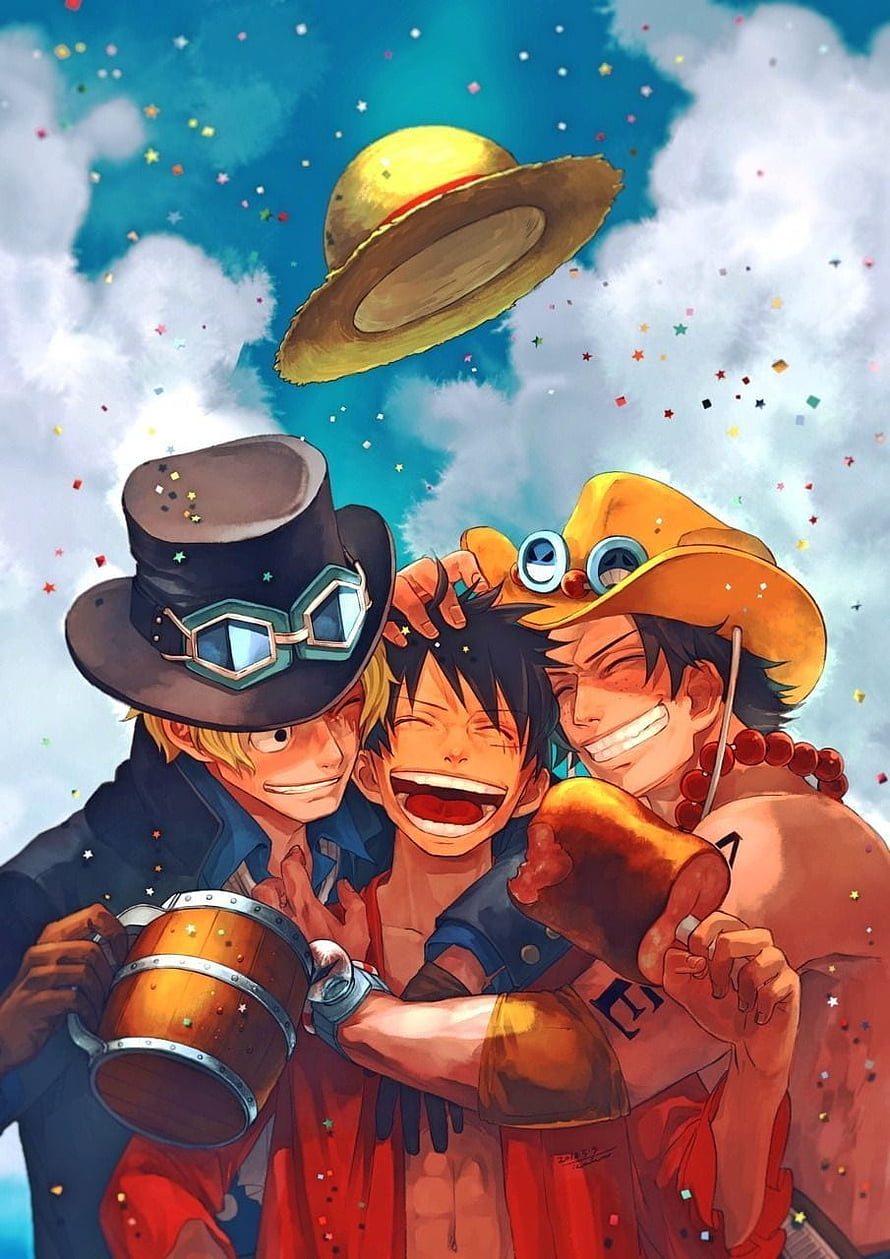 One Piece Fan Art: Luffy, Ace, and Sabo Celebrating with Beer and Straw Hat HD phone wallpaper