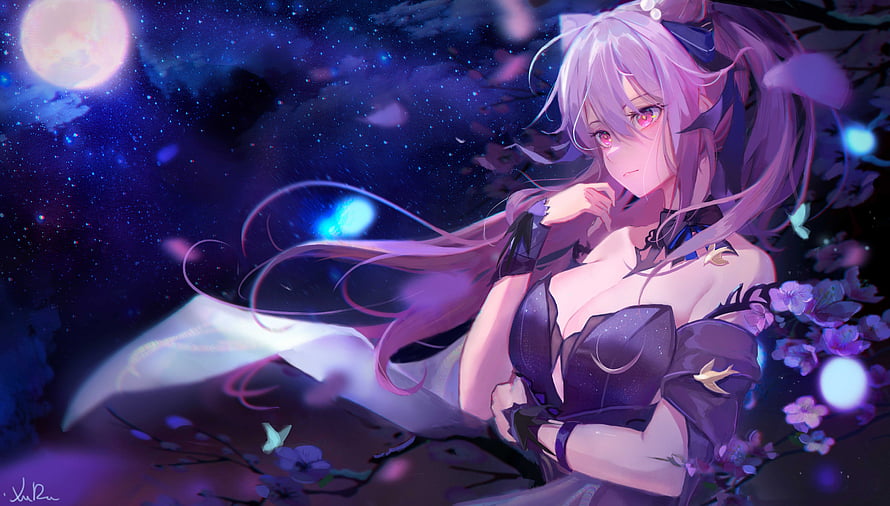 Keqing from Genshin Impact in a moonlit night scene with cherry blossoms and glowing butterflies HD wallpaper