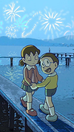 Nobita and Shizuka Holding Hands on a Pier Under Fireworks in Doraemon HD phone wallpaper
