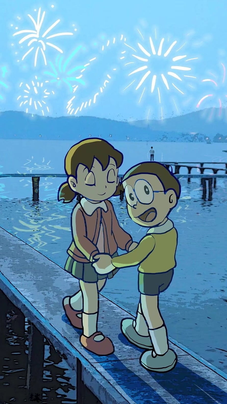 Nobita and Shizuka Holding Hands on a Pier Under Fireworks in Doraemon HD phone wallpaper