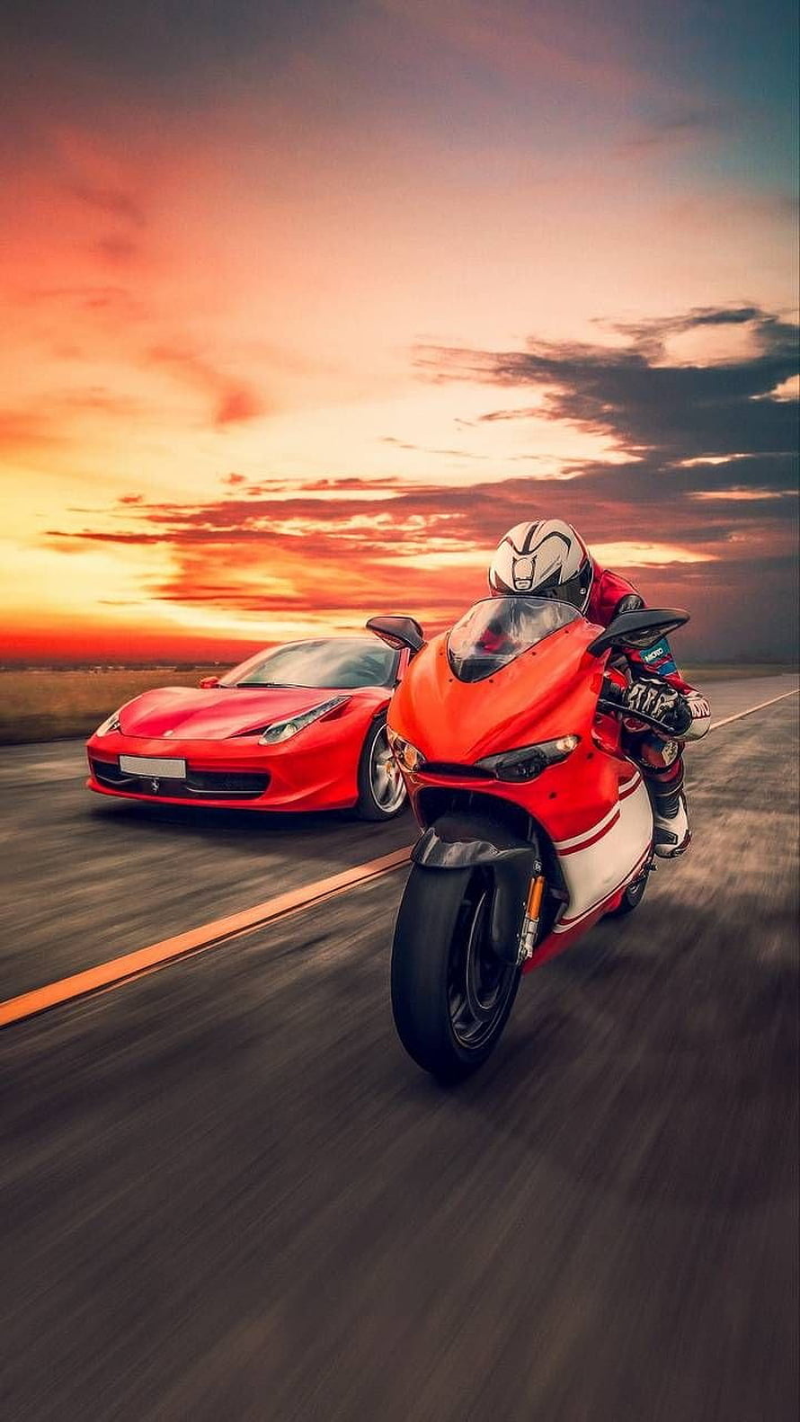 Red Ducati Panigale and Ferrari 458 Speciale Racing on Highway at Sunset HD phone wallpaper