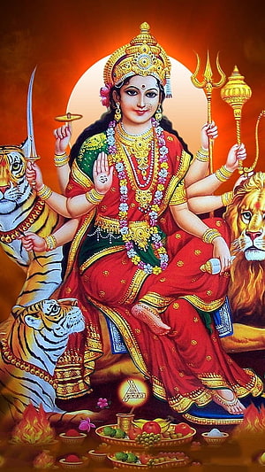 Maa Durga seated with tiger and lion, holding trident and sword in traditional Indian art HD phone wallpaper