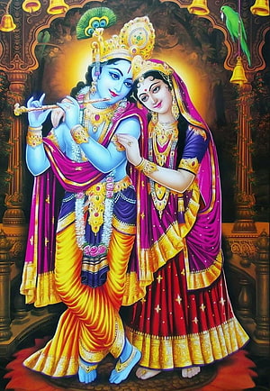 Radha Krishna Divine Couple Playing Flute in Traditional Indian Temple Art HD phone wallpaper