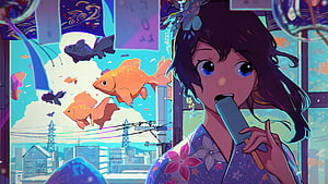 Anime Girl in Floral Kimono Eating Ice Cream with Floating Goldfish and Cityscape HD wallpaper