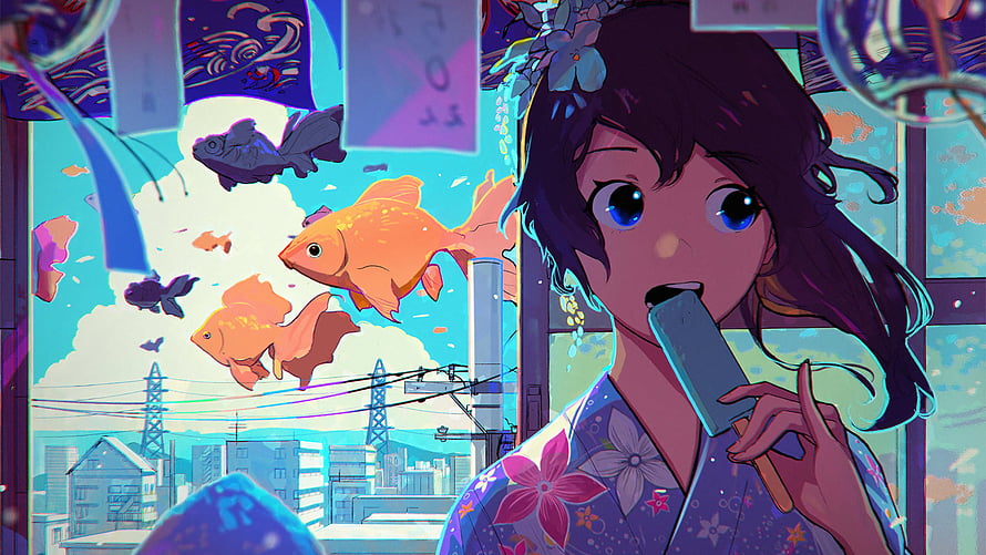 Anime Girl in Floral Kimono Eating Ice Cream with Floating Goldfish and Cityscape HD wallpaper
