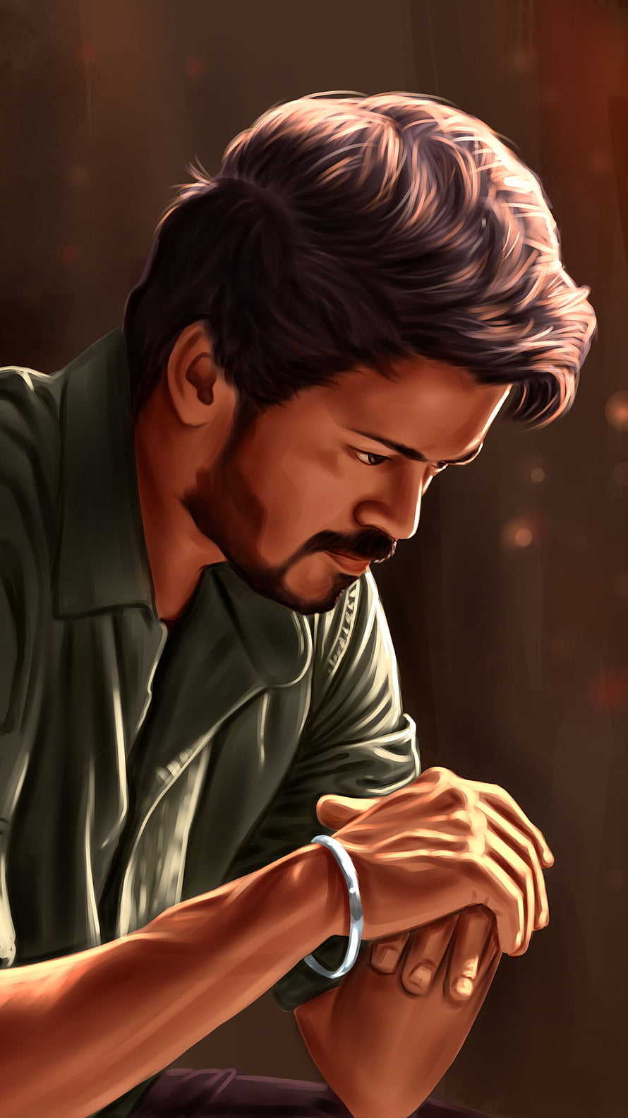 Thalapathy Vijay Digital Portrait in Contemplative Pose with Warm Cinematic Lighting HD phone wallpaper