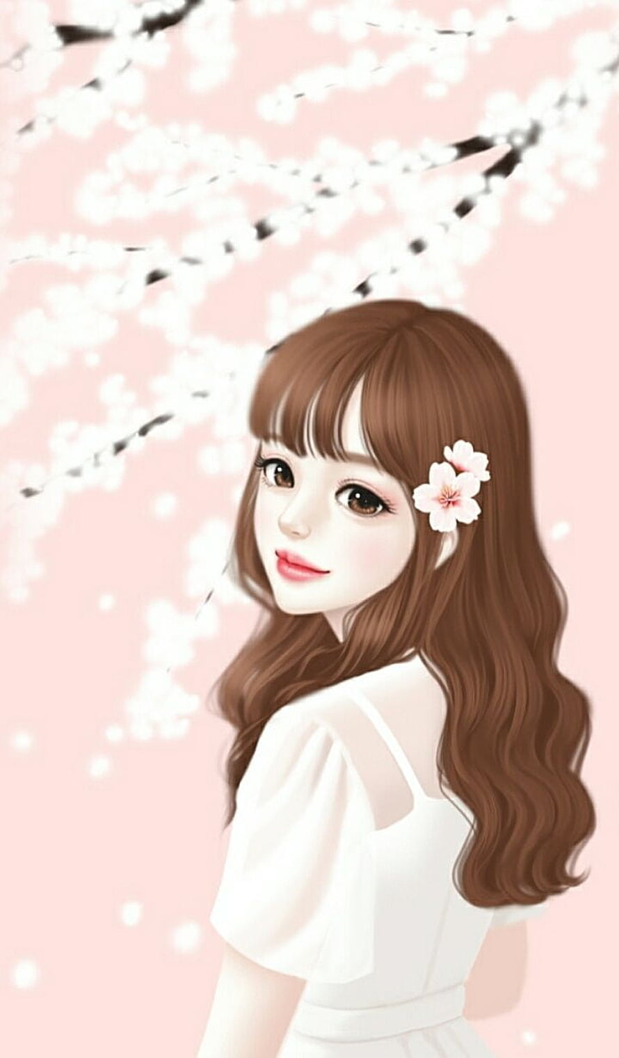 Cute Anime Girl With Brown Hair And Cherry Blossom Flower In White Dress HD phone wallpaper