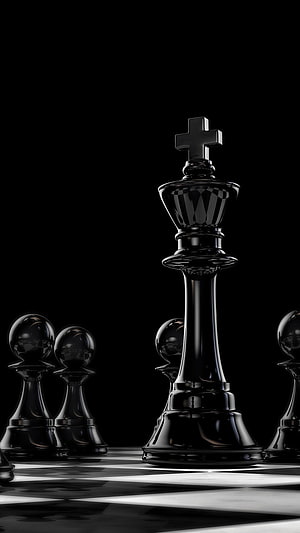 Glossy Black Chess King and Pawns on a Reflective Checkered Board HD phone wallpaper