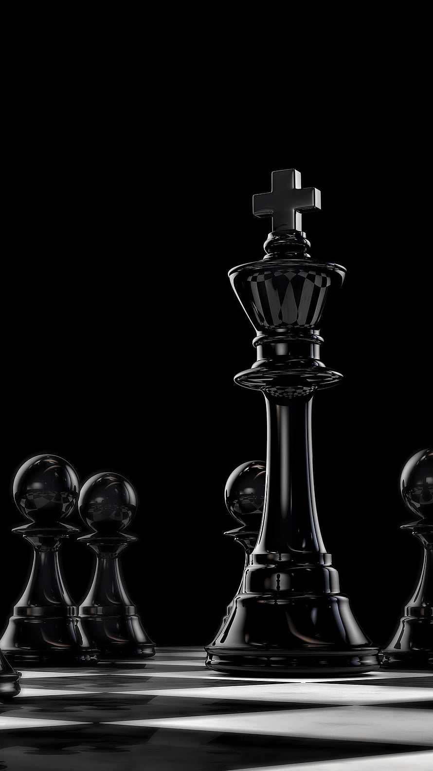 Glossy Black Chess King and Pawns on a Reflective Checkered Board HD phone wallpaper