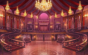 Grand Palace Ballroom with Twin Staircases and Chandelier HD wallpaper