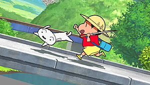 Crayon Shin-chan and Shiro Running Along a Countryside Bridge in a Lush Green Landscape HD wallpaper