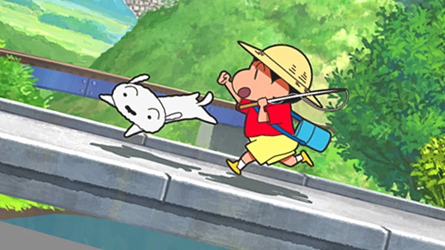 Crayon Shin-chan and Shiro Running Along a Countryside Bridge in a Lush Green Landscape HD wallpaper