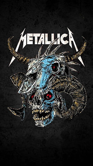 Metallica Skull Artwork with Glowing Red Eyes and Horned Bones on Dark Background HD phone wallpaper