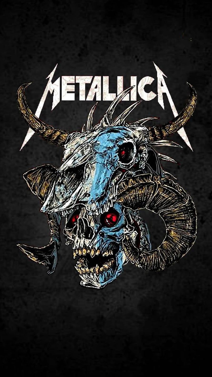 Metallica Skull Artwork with Glowing Red Eyes and Horned Bones on Dark Background HD phone wallpaper