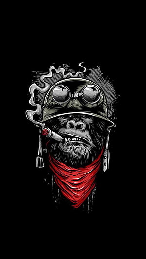 Steampunk Gorilla with Goggles and Red Bandana in Gritty Ink Illustration Style HD phone wallpaper