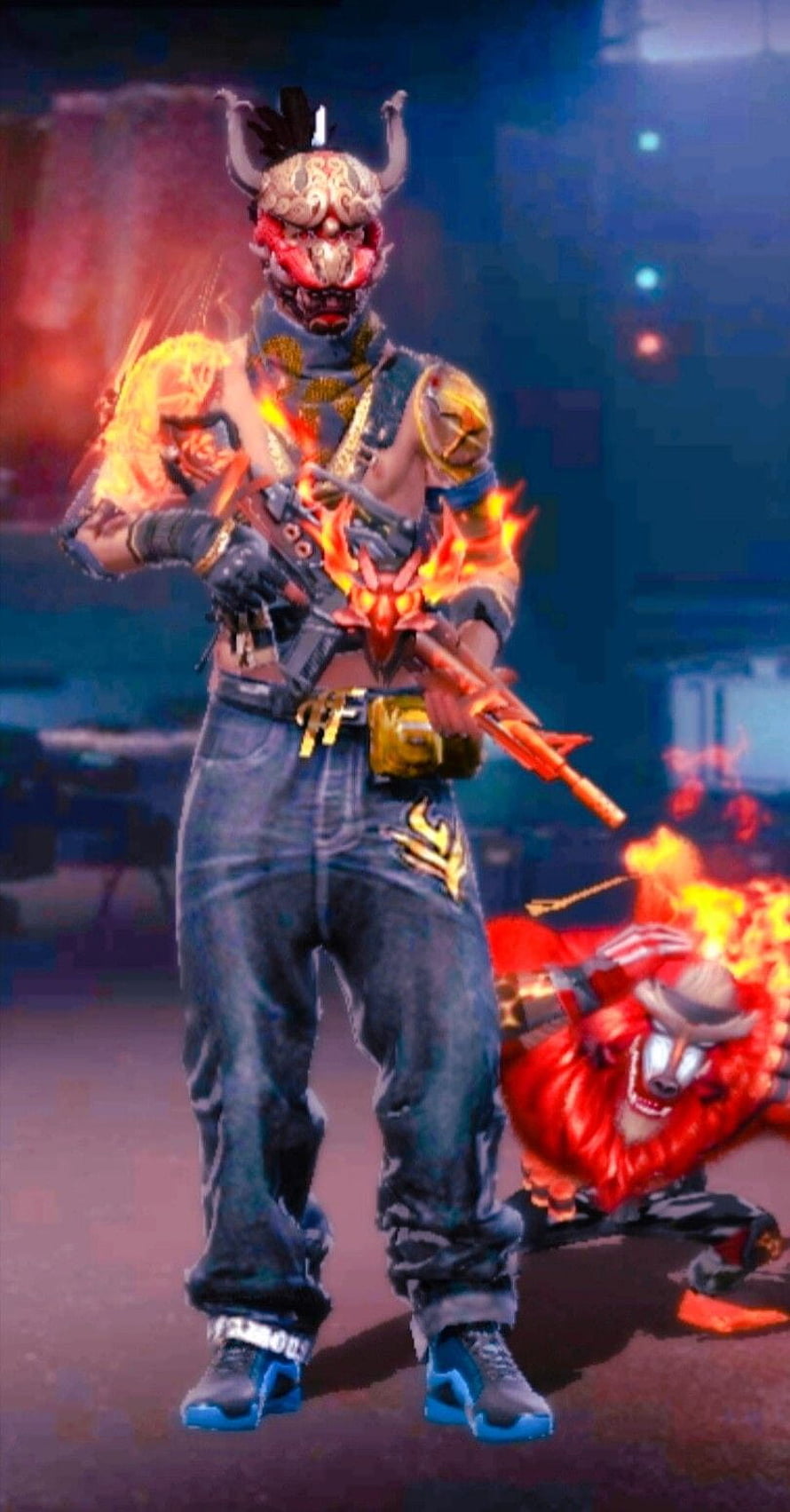 Fire-themed character with demon mask and flaming weapon in a dark arena HD phone wallpaper
