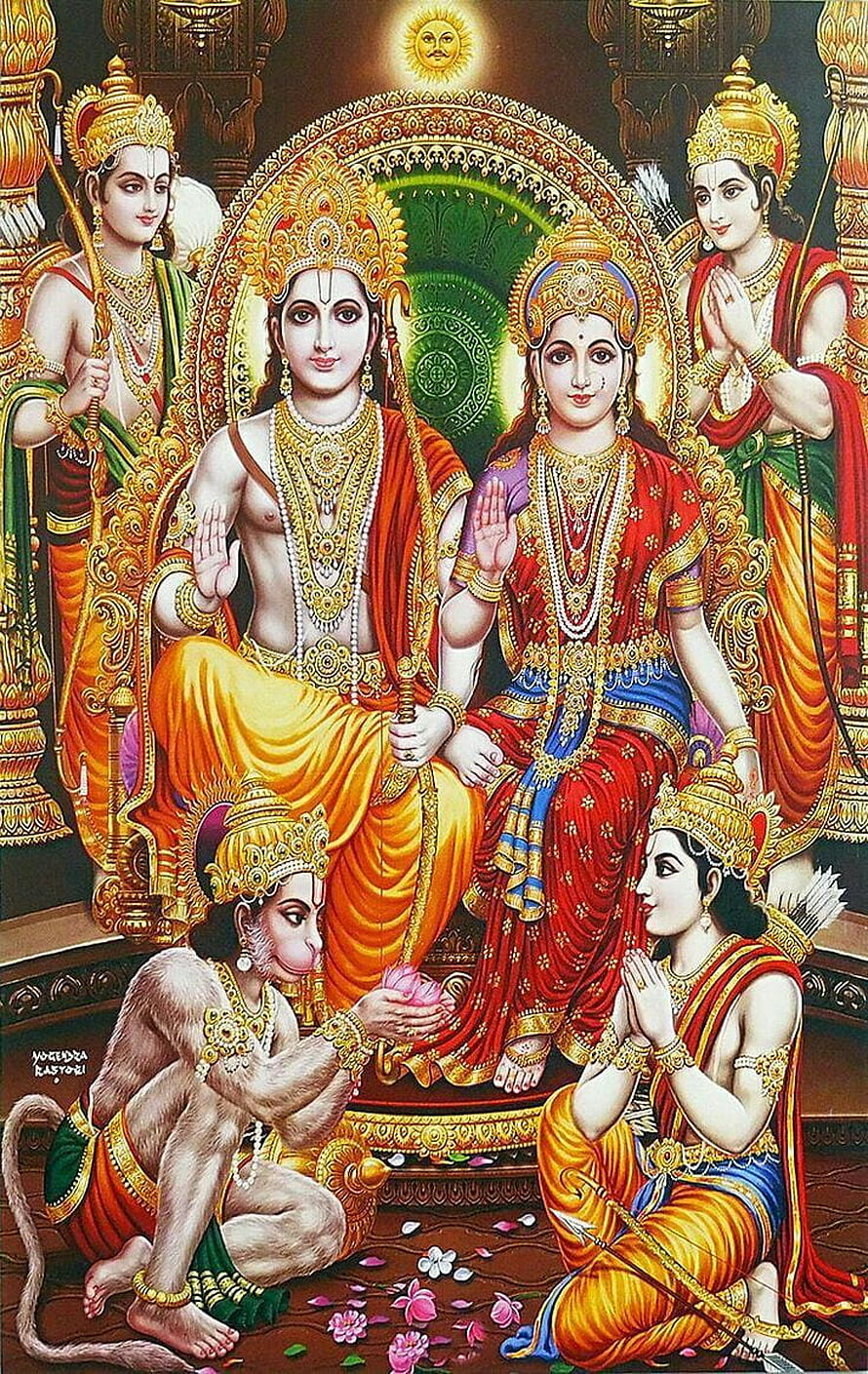 Lord Vishnu and Sita with Hanuman and Lakshmana in Traditional Indian Temple Art HD phone wallpaper