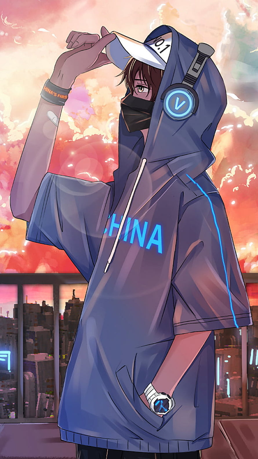 Anime Boy in Blue Hoodie with Neon China Text and Headphones Against Sunset City Skyline HD phone wallpaper