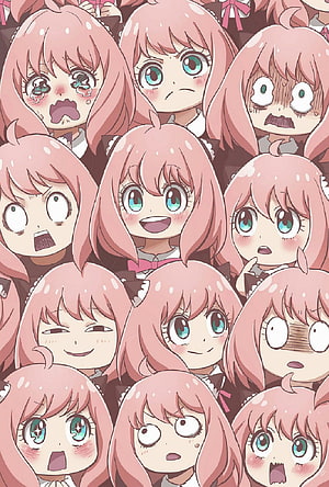 Anya Forger from Spy x Family in a grid of expressive anime faces HD phone wallpaper