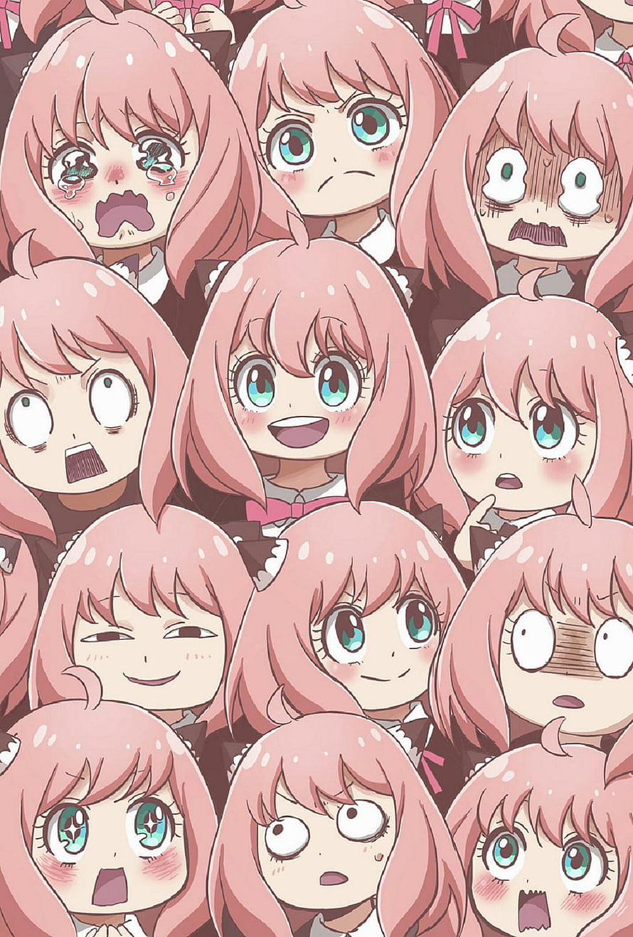 Anya Forger from Spy x Family in a grid of expressive anime faces HD phone wallpaper