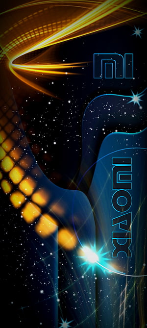 Xiaomi Mi Brand Abstract Wallpaper with Blue and Gold Light Streaks on Dark Background HD phone wallpaper